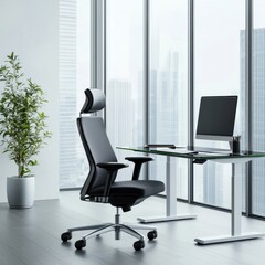 Modern Office Space Featuring Elegant Glass Desk, Comfortable Black Chair, Potted Plant, and Magnificent Cityscape Through Large Windows