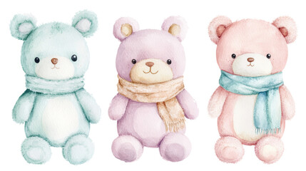 Cute bears toy in pastel colors with scarves.