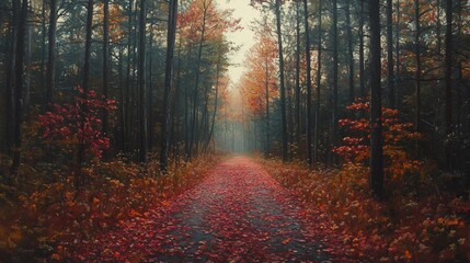 Fototapeta premium Misty autumn forest path with red leaves.
