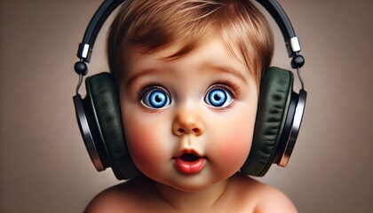 A close-up of a baby boy with large blue eyes and headphones, symbolizing curiosity, innocence, and early exposure to music and sound exploration
