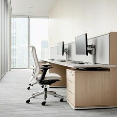 Modern Office Interior Featuring Stylish Desk Setup with Ergonomic Chairs and Large Windows Overlooking Cityscape, Ideal for Contemporary Work Environments