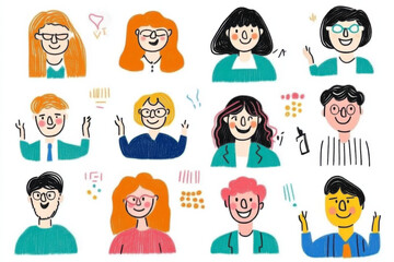 Cheerful collection of hand drawn characters with diverse hairstyles and expressions, showcasing joy and friendliness in colorful illustration