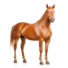 Fototapeta premium Stunning Chestnut Horse Standing Proudly on a White Background, Showcasing Its Elegant Form and Shiny Coat with an Introspective Expression and a Graceful Stance