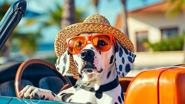 A Dalmatian sporting a straw hat and orange sunglasses commandeers a bright blue convertible, exuding a carefree, summer vibe. The setting suggests a leisurely drive on a sunny afternoon.