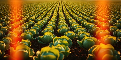 Fototapeta premium Golden Hour Cabbage Field Rows of vibrant green cabbages bathed in the warm glow of the setting sun, creating a breathtaking agricultural scene.