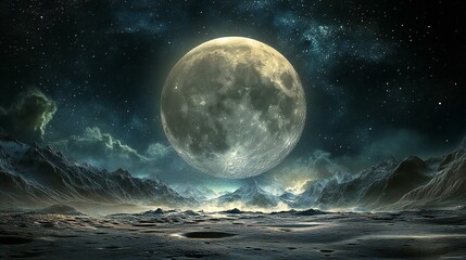 Fototapeta premium A colossal moon dominates a fantastical landscape of snowcapped mountains under a vibrant, starfilled night sky