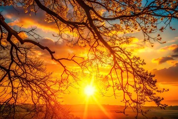 Sun shining through tree branches at sunset