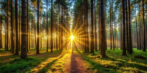 Obraz premium Sun shining through trees in evening forest