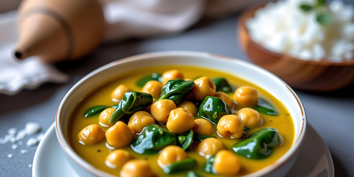 Chickpea and Spinach Curry - A comforting chickpea curry with spinach turmeric and coconut milk. backdrop background digital art crisp oilpinting minimalist sharp details funny background copyspace