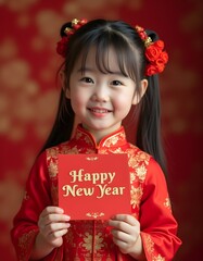 A young Asian girl in traditional red and gold attire smiles warmly while holding a "Happy New Year" card, exuding joy and celebration against a matching background.