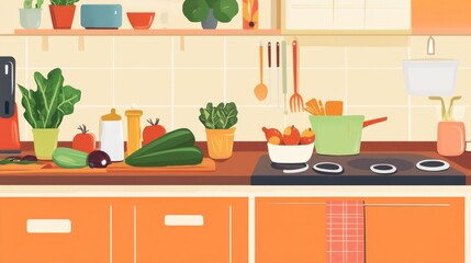 Warm and Inviting Kitchen Scene with Fresh Vegetables and Cookware
