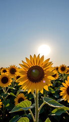 Fototapeta premium Sunflower Sunburst - A vibrant sunflower radiating light in a glowing field. background copyspace