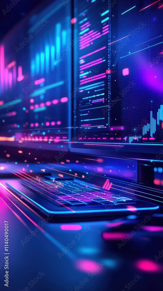 Poster futuristic data analysis interface with neon highlights, digital graphs, and glowing elements for mo