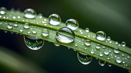 Beautiful drops of transparent rain water on a green leaf macro