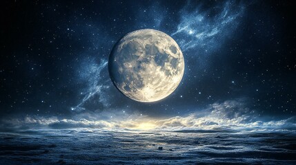 A large moon dominates a night sky filled with stars and nebulae