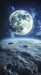 A massive moon dominates, its surface detailed, orbiting a cratered planet