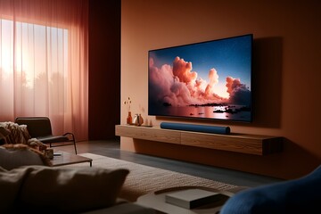 Modern living room featuring a large TV displaying a scenic sunset.