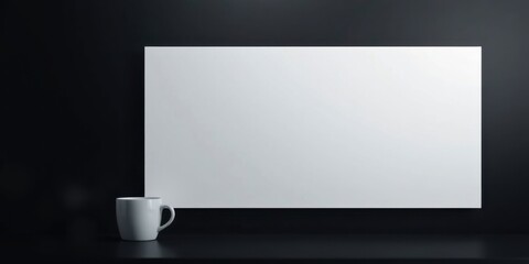 Simple White Poster Mockup with Coffee Mug on Dark Surface