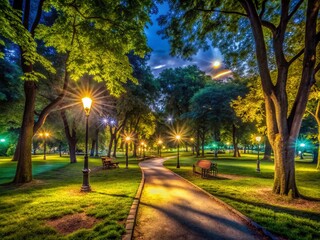 Fototapeta premium Low Light Park Photography: Night Scene, Dark Park, Evening Shadows, City Park at Dusk, Illuminated Trees, Nighttime Landscape
