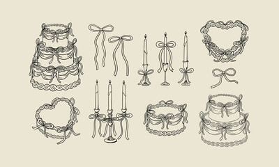 Set of various holiday cakes, candles and bows. Vector hand drawn elegant illustration in vintage sketch style. Cliparts for birthday, wedding valentines designs