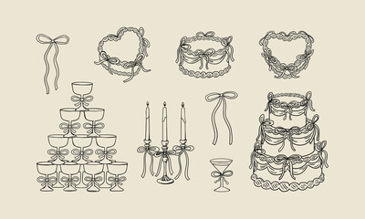 Set of various holiday cakes, candles, champagne pyramid and bows. Vector hand drawn elegant illustration in vintage sketch style. Cliparts for birthday, wedding, valentines designs