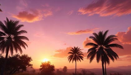 Naklejka premium Warm blue sky with vibrant hues of orange and pink at sunset amidst a bright summer sun background, pink hues, landscape, summer sun