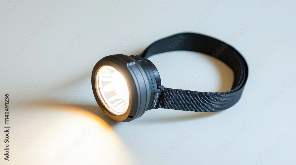 Poster headlamp: a headlamp with an adjustable strap and led light on a white background.