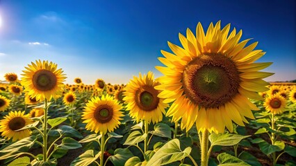 Obraz premium Sunflowers with clear blue sky background aerial view