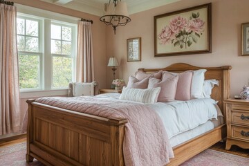 Naklejka premium Cozy bedroom with natural light and floral decor in a serene setting