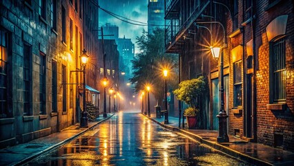 Obraz premium Low Light Photography: Pessimistic Cityscape at Night, Gloomy Urban Scene, Dark Alley, Rainy Night, Streetlights, Shadows, Desolate, Lonely