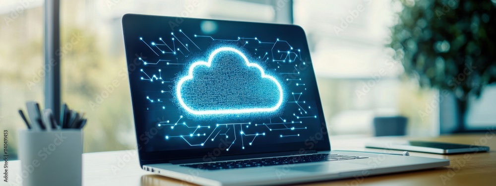 Poster modern laptop displaying cloud computing concept with bright neon cloud icon and connectivity lines 