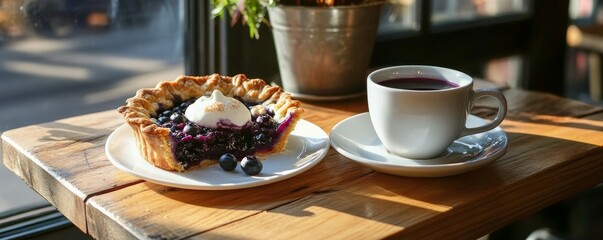 Naklejka premium Fresh baked blueberry pie and cup of coffee