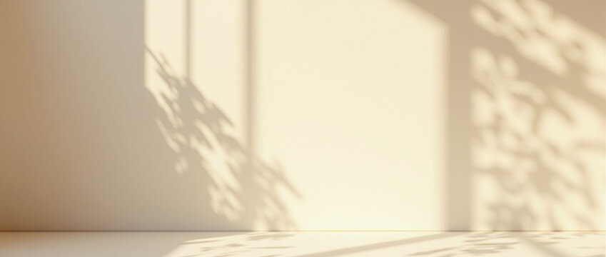 Parede bege minimalista para apresenta&ccedil;&atilde;o do produto com luz vasp de planta e sombra intrincada da janela e vegeta&ccedil;&atilde;o na parede