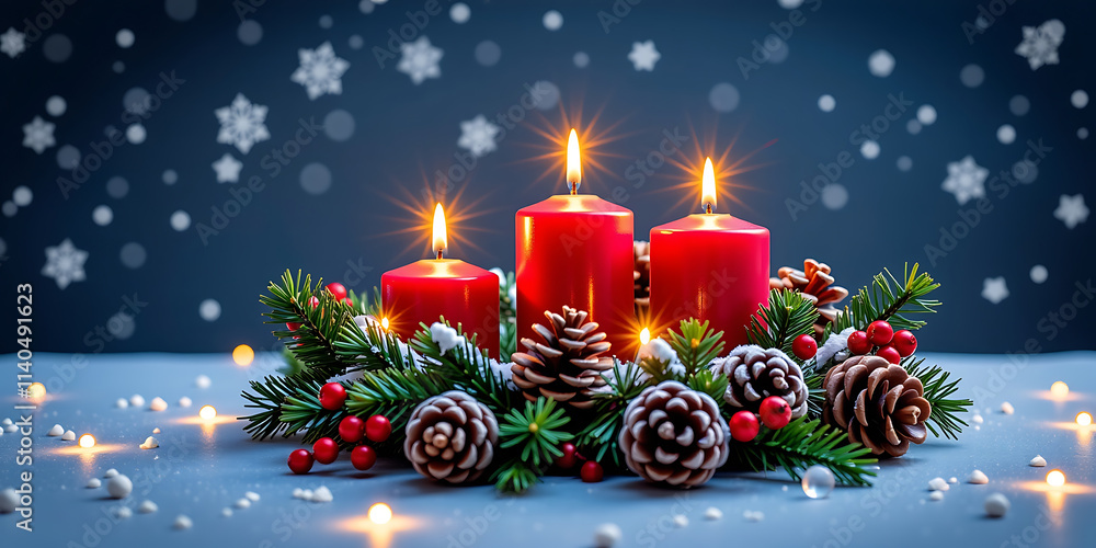 Wall mural advent wreath with twinkling snowflakes - a wreath adorned with snow-dusted pinecones and glowing ca