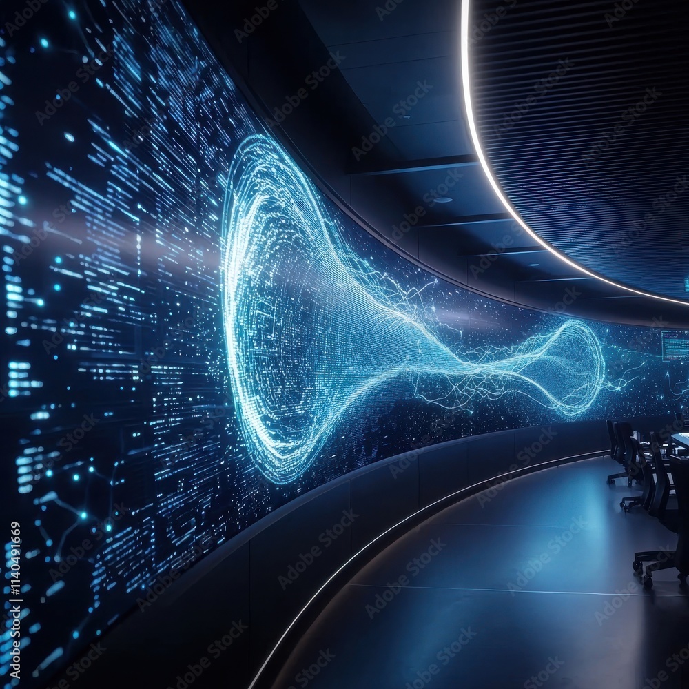 Poster futuristic digital interface with flowing data patterns in a stylish modern office space featuring c