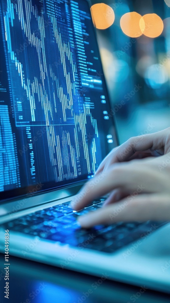 Poster close-up of a person typing on a laptop with data visualization on the screen in a modern office set