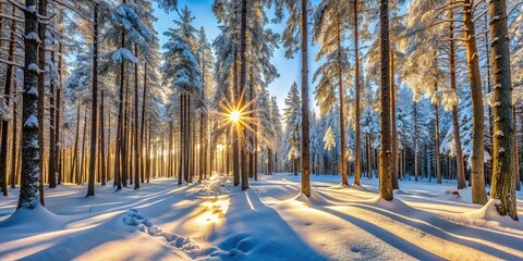 Fototapeta premium Sunlight filtering snowy trees temperate mixed forest