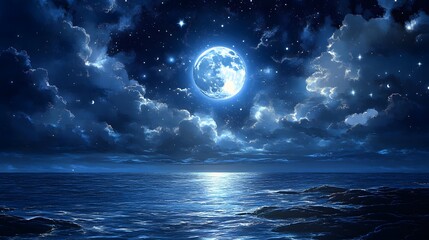Fototapeta premium A serene night seascape illuminated by a full moon and starry sky.