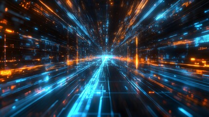 Obraz premium Futuristic abstract digital landscape with blue and orange light trails.