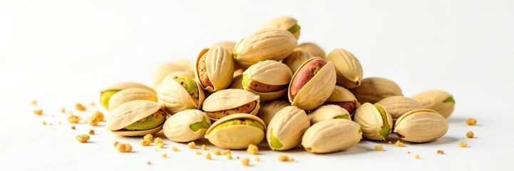 Crusty pistachio pile on white background with cracks, pistachios, landscape