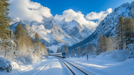 A modern high-speed train is moving among beautiful snowy mountains