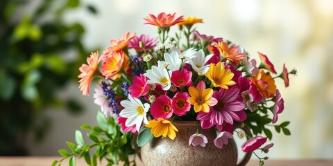 Obraz premium Vibrant bouquet of multicolored daisies and other wildflowers arranged in a rustic ceramic vase on a wooden surface.
