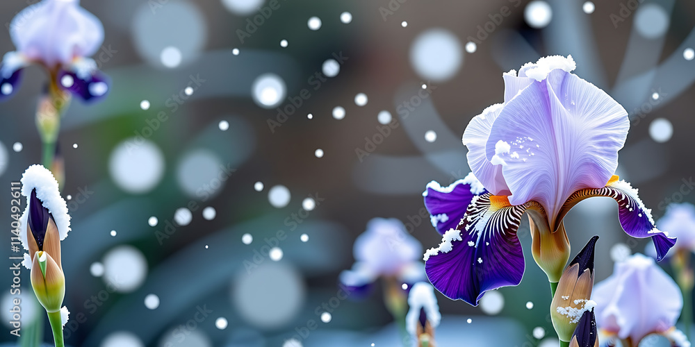 Wall mural snowy iris - iris flowers dusted with snow creating a magical winter scene. backdrop background digi