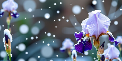 Snowy Iris - Iris flowers dusted with snow creating a magical winter scene. backdrop background digital art crisp oilpinting minimalist sharp details funny background copyspace