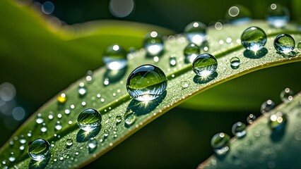 Beautiful drops of transparent rain water on a green leaf macro