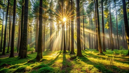 Obraz premium Sunlight filters through trees with deer standing in forest