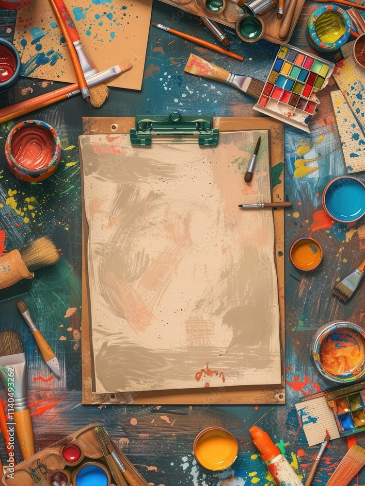 Poster creative workspace with various art materials and blank sketchbook ready for artistic projects. gene