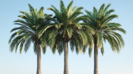 Three lush date palm trees against a clear blue sky.
