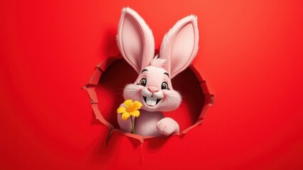 Happy pink bunny peeking through a red paper hole holding a yellow flower