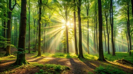 Fototapeta premium Sunlight shining through lush green forest trees